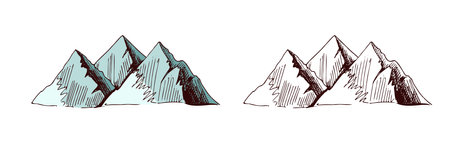 Hand-drawn sketch set of mountain peaks, colored and monochrome vintage illustrationsのイラスト素材