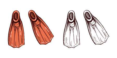 Hand-drawn diving fins in vintage style with orange color tonesのイラスト素材