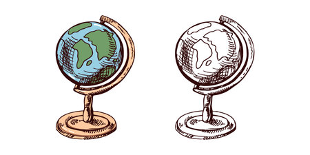Hand-drawn globe with color and monochrome version in vintage engraved styleのイラスト素材