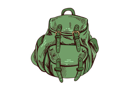 Hand-drawn green travel backpack with buckles and pockets for hiking and adventure design in vintage engraved styleのイラスト素材