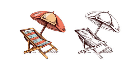 Beach chair and umbrella hand drawn sketch in color and monochrome version, summer vacation illustrationのイラスト素材