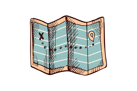 Hand-drawn folded travel map with route, colored vintage engraved illustrationのイラスト素材