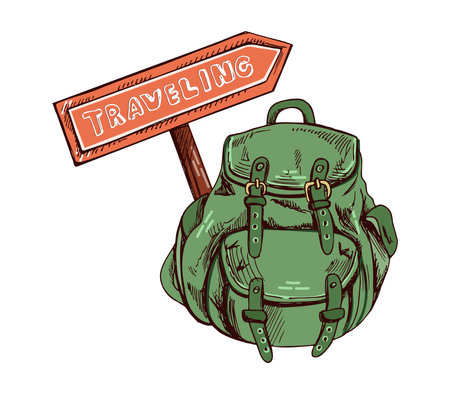 Hand drawn colored sketch of camping backpack with signpost with inscription traveling. Vintage vector illustration isolated on white background. Doodle drawing.のイラスト素材