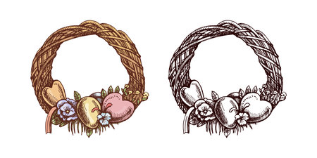 Hand drawn colored and black vintage sketch of an Easter wreath with decorationsのイラスト素材