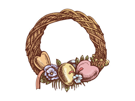 Hand drawn colored vintage sketch of an Easter wreath with decorationsのイラスト素材