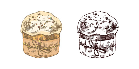 Hand-drawn colored and black sketch of easter cake. Easter Holiday. Vintage element.のイラスト素材