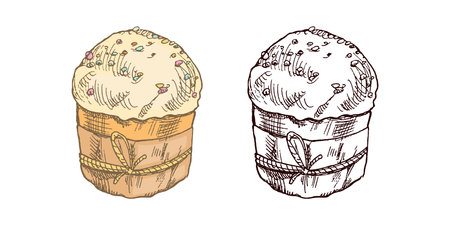 Hand-drawn colored and black sketch of easter cake. Easter Holiday. Vintage element.のイラスト素材