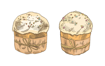 Hand-drawn colored sketch of the easter cakes. Easter Holiday.のイラスト素材