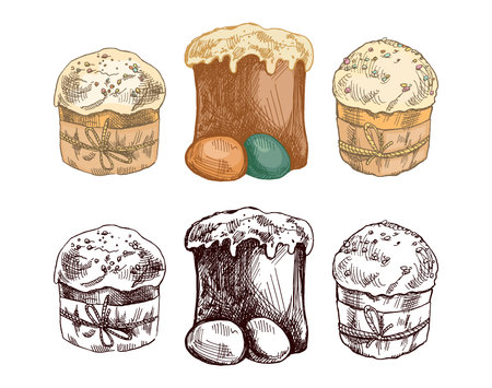 Hand drawn colored and black vintage sketch of Easter cakes with eggsのイラスト素材
