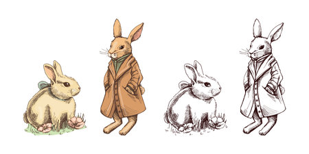 Hand drawn colored and black vintage sketch of anthropomorphic rabbitsのイラスト素材