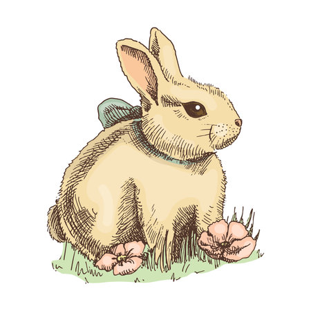 Hand-drawn vintage sketch of bunny. Easter Holiday. Vector illustration. Rabbit with a bow in grass and flowers. Vintage element.のイラスト素材