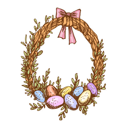 Hand drawn vintage colored sketch of an Easter wreath with eggs and bowのイラスト素材