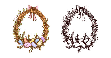 Hand drawn vintage colored and black sketch of an Easter wreath with eggs and bowのイラスト素材