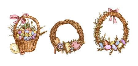 Vintage colored easter wreaths and basket hand drawn sketch collectionのイラスト素材