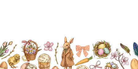 Hand-drawn colored Easter border with vintage holiday elements, rabbit, eggs, flowers, and festive decorationsのイラスト素材