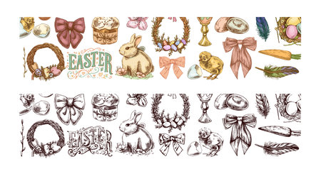 Hand drawn vintage colored and black Easter decorative borders with rabbit, chick, bow, eggs, willow, wreath, feathers, and decorationsのイラスト素材