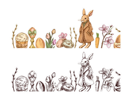 Hand drawn Vintage Easter border with elegant rabbit in coat, eggs, willow branches, flowers, and festive holiday elementsのイラスト素材
