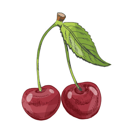 Vintage hand drawn sketch of two ripe red cherries with green leaf. Colorful detailed illustration in engraved style. Perfect for food design, packaging, and summer market themes.のイラスト素材