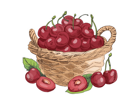 Colorful hand drawn illustration of cherry fruit in a rustic wicker basket with leaves and sliced halves. Vintage engraving style. Perfect for farm market designs and organic food labels.のイラスト素材