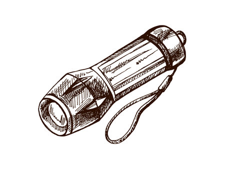 Vector illustration of a camping flashlight with a strap. Hand drawn in vintage sketch style with ink lines. Isolated black and white clipart for outdoor, hiking and survival themes.のイラスト素材