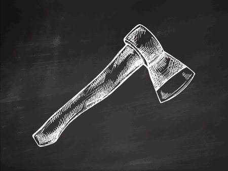 Vintage hand drawn illustration of a classic ax or hatchet in chalk style. Isolated camping tool on black chalkboard background, perfect for outdoor and adventure themed designs.のイラスト素材