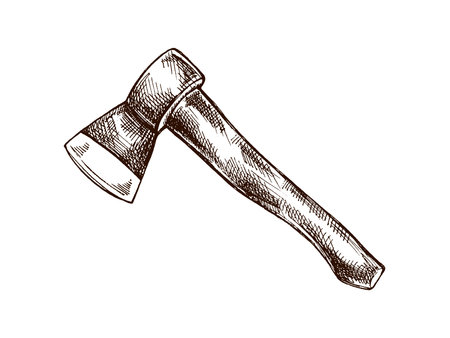 Vintage hand drawn sketch of a forest ax with wooden handle. Realistic lumberjack and camping tool, detailed monochrome illustration isolated on white background for outdoor and survival design.のイラスト素材