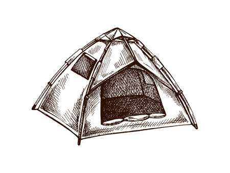 Monochrome hand drawn illustration of a dome-style camping tent with an open entrance. Suitable for themes related to hiking, adventure tourism, nature exploration, and wilderness camping. Isolated on white background.のイラスト素材