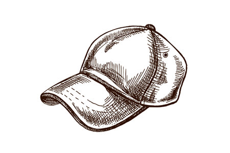 Detailed hand drawn engraving of a baseball cap with curved visor. Vintage black and white illustration perfect for outdoor gear branding, fashion design, sportswear and summer accessory themes.のイラスト素材