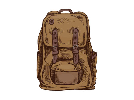 Detailed vector colored illustration of a vintage travel backpack with buckles and front pocket. Hand drawn in sketch style. Perfect for hiking, camping, school, or adventure-related design projects.のイラスト素材