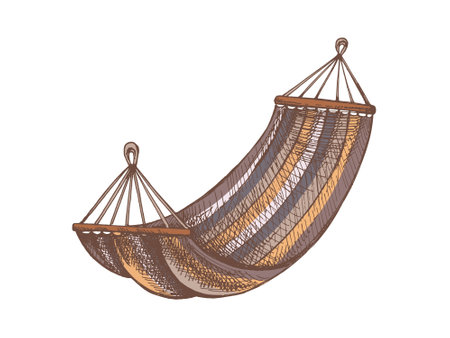 Vector colored illustration of a hammock suspended by ropes, drawn in vintage sketch style. Isolated artwork perfect for summer, vacation, garden, and camping-related designs.のイラスト素材