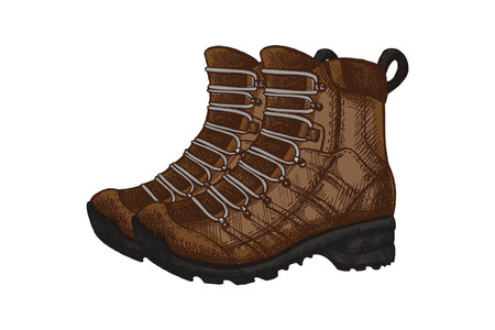 Vintage hiking boots colored sketch in detailed engraving style. Perfect for outdoor adventure themes, trekking gear packaging, camping design, retro logos, survival graphics and travel-related branding.のイラスト素材