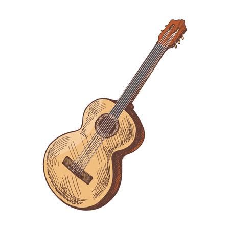 Hand drawn vintage colored sketch of an acoustic guitar isolated. Detailed ink illustration perfect for retro music, concerts, entertainment branding and musical instrument designs.のイラスト素材