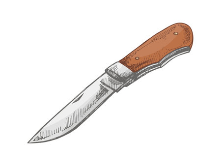 Hand drawn vintage colored sketch of a folding pocket knife with sharp blade and ergonomic handle. Isolated on white background. Perfect for camping, hiking, fishing gear, survival tools and outdoor adventure design.のイラスト素材