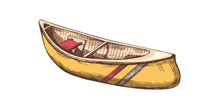 Hand drawn vintage colored sketch of a small wooden canoe boat, perfect for kayaking, rafting, fishing and lake adventures. Nautical hand drawn illustration for outdoor and travel design.のイラスト素材