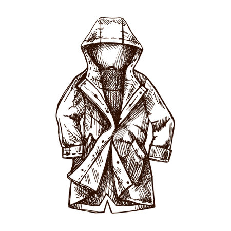 Hand drawn vintage style sketch of a hooded raincoat or winter coat with detailed lines and folds. Isolated vector outerwear illustration, ideal for fashion, weather, or apparel-related design.のイラスト素材