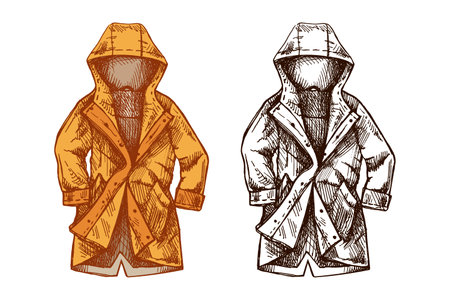 Hand drawn vintage style colored and black sketch of a hooded raincoat or winter coat with detailed lines and folds. Isolated vector outerwear illustration, ideal for fashion, weather, or apparel-related design.のイラスト素材