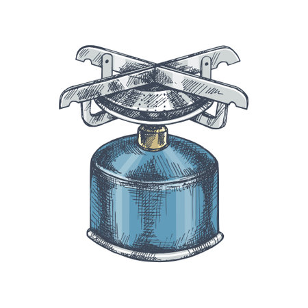 Hand drawn vintage camping illustration of a portable gas stove in blue color, used for outdoor cooking and hiking meals preparation.のイラスト素材