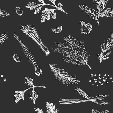 Seamless pattern with hand drawn vintage illustrations of parsley, rosemary, dill, garlic, green onions and peppercorns. Chalk-style white drawings on black background. Perfect for organic food packaging, botanical themes, kitchen textiles and culinary projects.のイラスト素材