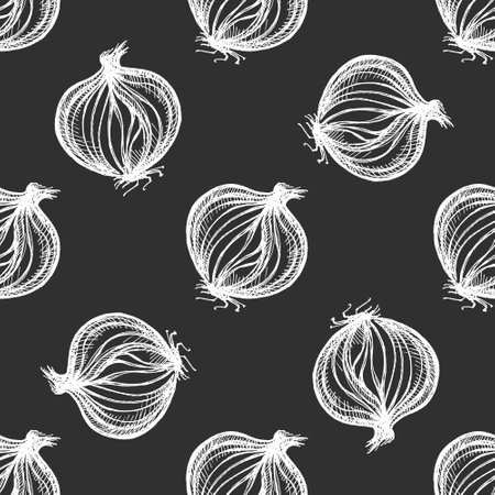 Rustic seamless pattern with hand drawn sliced onion halves in vintage etching style. White chalk lines on black background evoke a farm-to-table feel. Perfect for culinary packaging, kitchen decor, organic market branding and restaurant menu designs.のイラスト素材