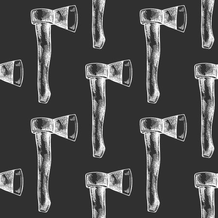 Seamless pattern with hand drawn ax in rustic vintage engraving style, illustrated in white on black chalkboard background. Ideal for lumberjack gear, forest camping themes, bushcraft branding, outdoor adventure packaging and masculine graphic design.のイラスト素材