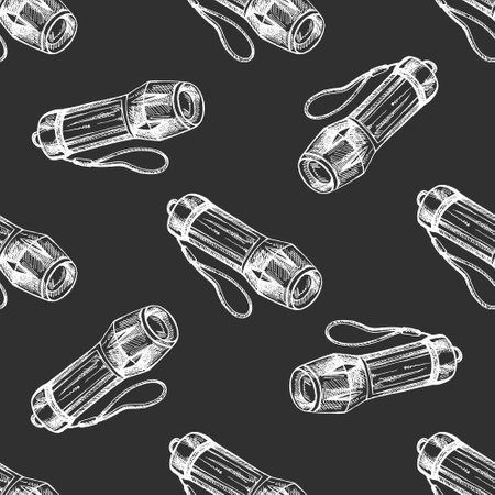 Seamless pattern with hand drawn flashlight in rustic vintage style, illustrated in white on black chalkboard background. Perfect for hiking accessories, night adventure designs, camping gear packaging, survivalist branding and travel-themed digital papers.のイラスト素材