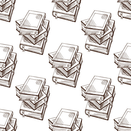 Classic seamless pattern with stacks of vintage books in retro sketch style. Ideal for book-themed projects, stationery, packaging, wallpaper and educational designs.のイラスト素材