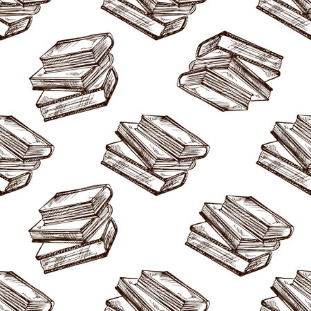 Classic seamless pattern with stacks of vintage books in retro sketch style. Ideal for book-themed projects, stationery, packaging, wallpaper and educational designs.のイラスト素材