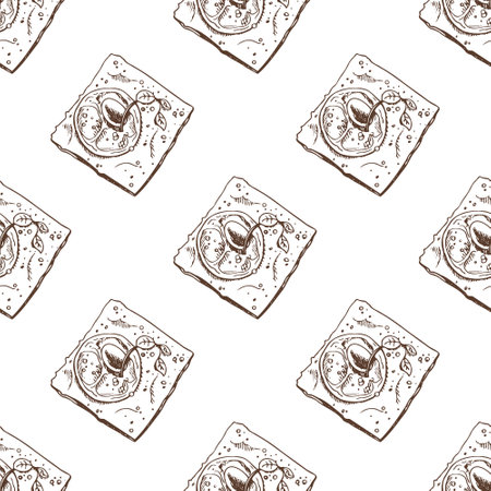Seamless pattern with hand drawn vintage sketch of square jam-filled cookies in brown ink. Classic engraving style illustration for bakery packaging, dessert branding and decorative textile prints.のイラスト素材