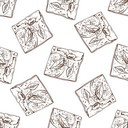 Seamless pattern with hand drawn vintage sketch of focaccia bread squares topped with olives and herbs in brown ink. Engraving style illustration for bakery packaging, mediterranean cuisine branding and kitchen decor.のイラスト素材