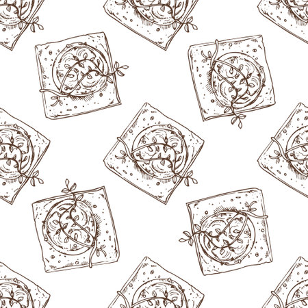 Seamless pattern with hand drawn vintage sketch of square jam-filled cookies decorated with herbs in brown ink. Engraving style illustration for bakery packaging, botanical dessert branding and kitchen design.のイラスト素材