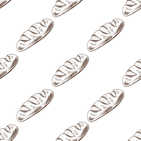 Seamless pattern with hand drawn vintage sketch of French baguette in brown ink. Classic engraving style illustration perfect for bakery branding, food packaging, kitchen decor and textile design.のイラスト素材