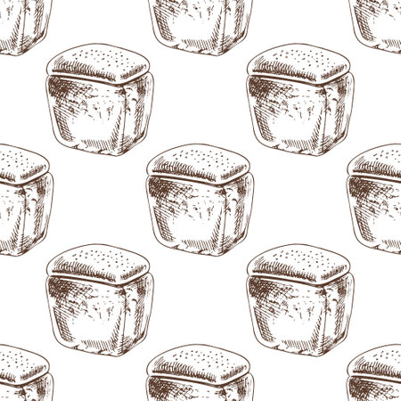 Seamless pattern with hand drawn vintage sketch of classic square bread loaf in brown ink. Engraving style illustration for bakery branding, packaging design, kitchen decor and culinary-themed textile prints.のイラスト素材