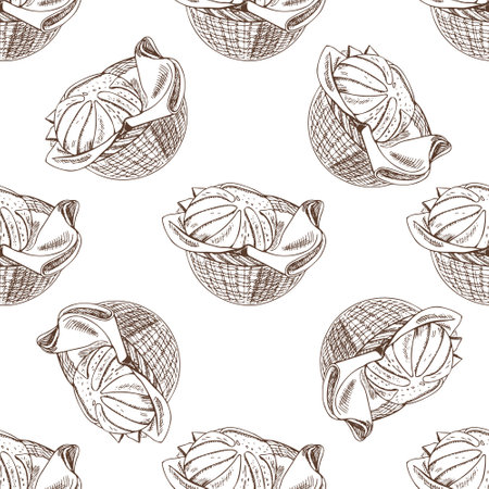 Seamless pattern with hand drawn vintage sketch of bread bun in wicker basket with cloth in brown ink. Engraving style illustration for bakery packaging, food branding and decorative kitchen design.のイラスト素材