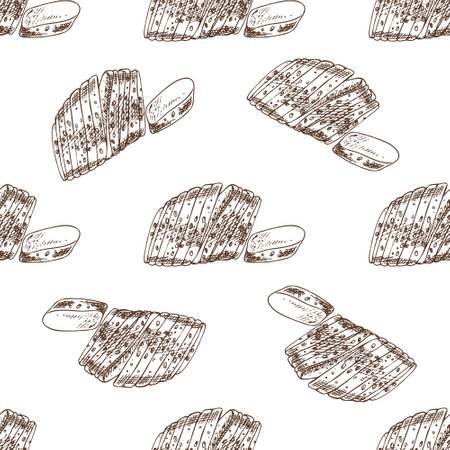Seamless pattern with hand drawn vintage sketch of sliced bread loaf in brown ink. Engraving style illustration ideal for bakery packaging, food branding, kitchen textile prints and culinary designs.のイラスト素材